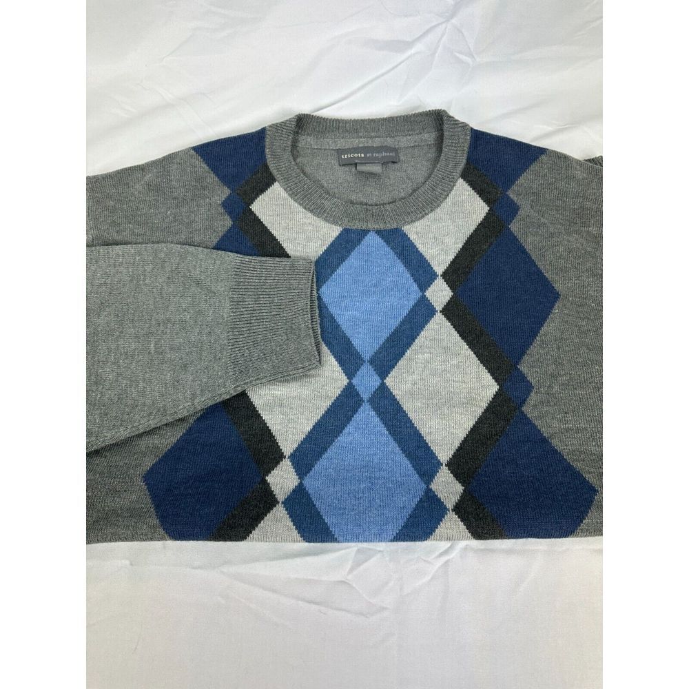 TRICOTS‎ ST RAPHAEL Argyle Diamond Sweater Men 2XL Lightweight Knit Blue Gray